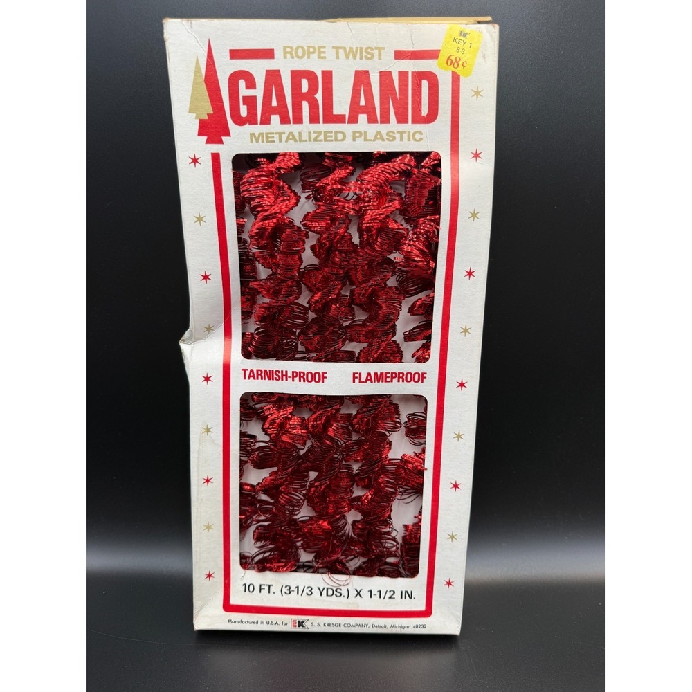 Kresge Rope Twist Metalized Red Christmas Garland NOS 60s Made In USA 10 FT